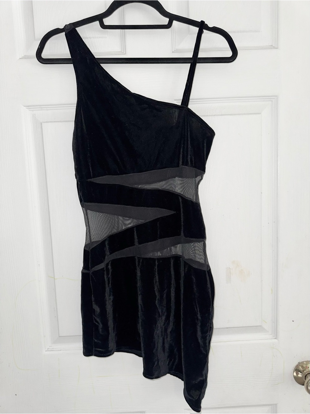3 Wishes One-Shoulder Black Velvet Mesh Insert Dress